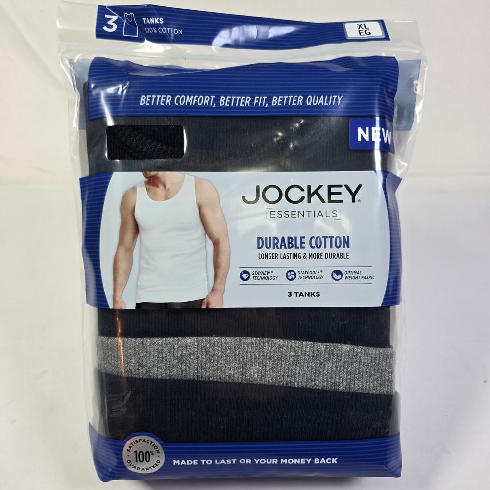 Jockey Essentials Men’s XL 3 Pack Tank Tops Cotton Black Gray Durable Cotton